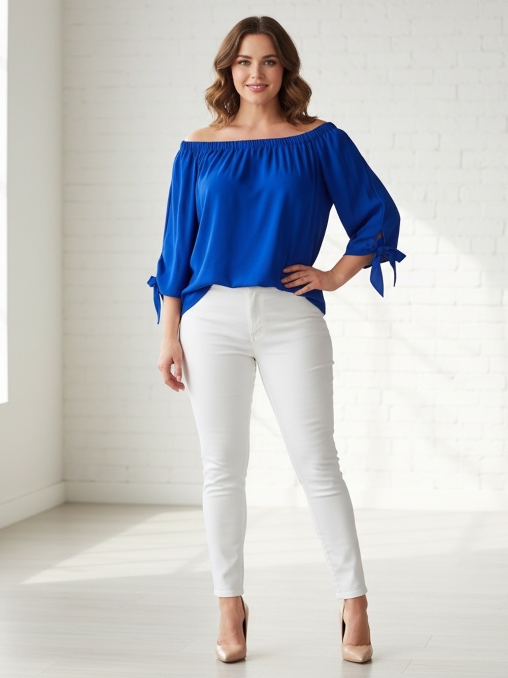 Chico’s Sz 2 Cobalt Blue Off-Shoulder Tie-Sleeve Blouse Like New Lightweight EUC